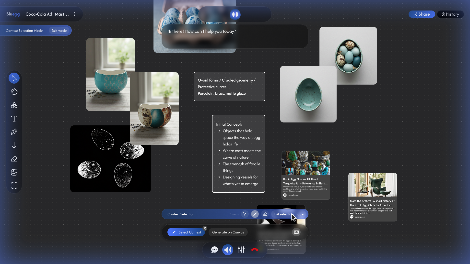 Final Bluegg interface — voice agent meeting a spatial canvas